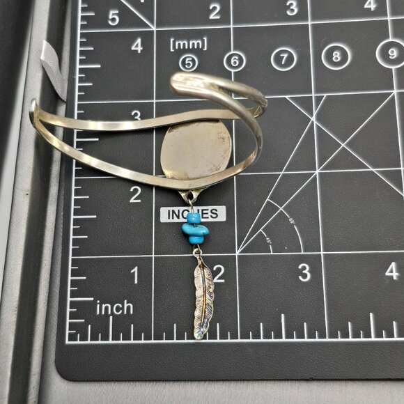 VTG Southwestern Sterling Silver Bracelet 6.75" Crushed Turquoise Feather Charm - Picture 10 of 15